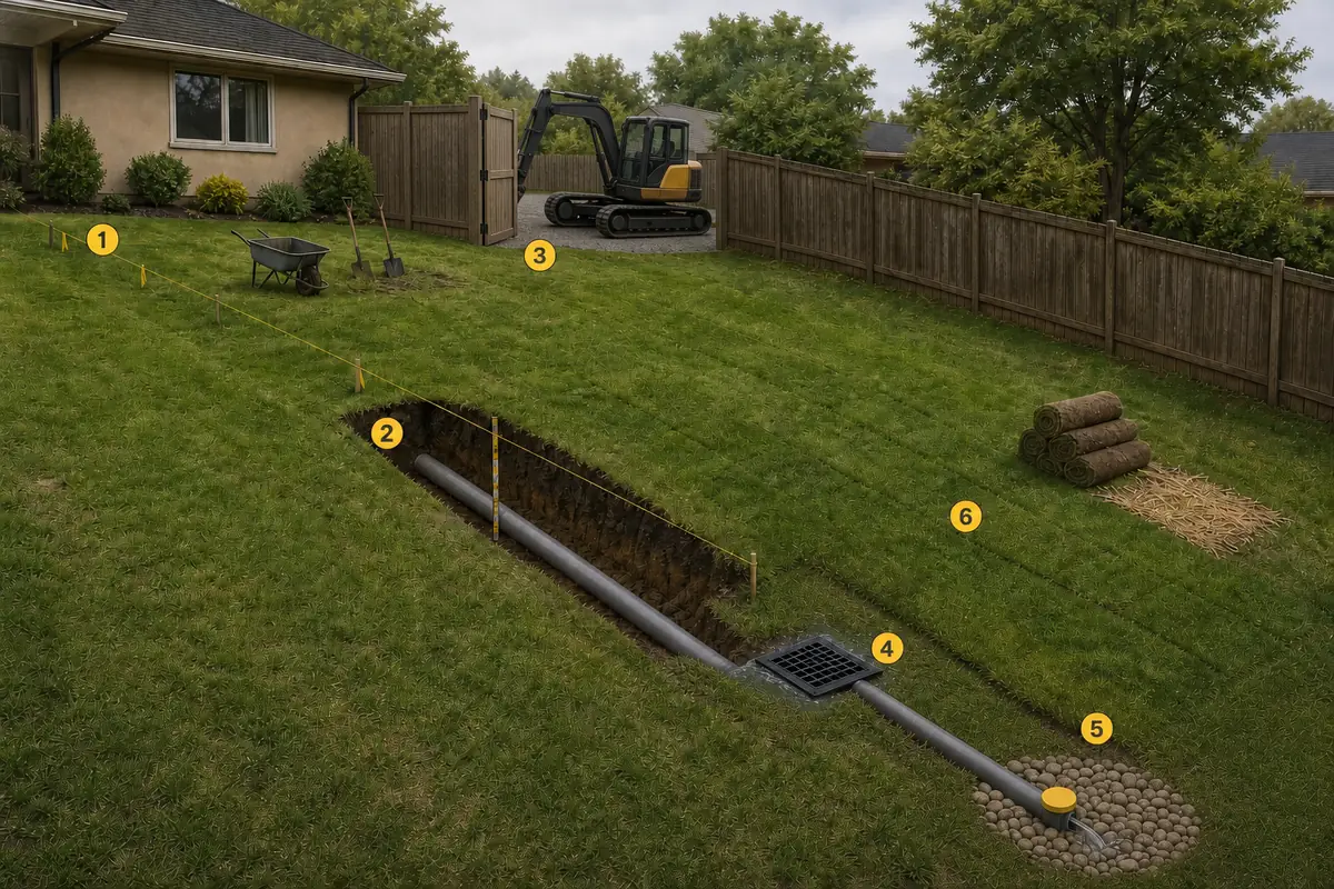 Illustrated residential drainage project shown as one trench run divided into scope stages: a staked measured route, an open trench, narrow gate access, one catch basin, a protected outlet, and restored sod