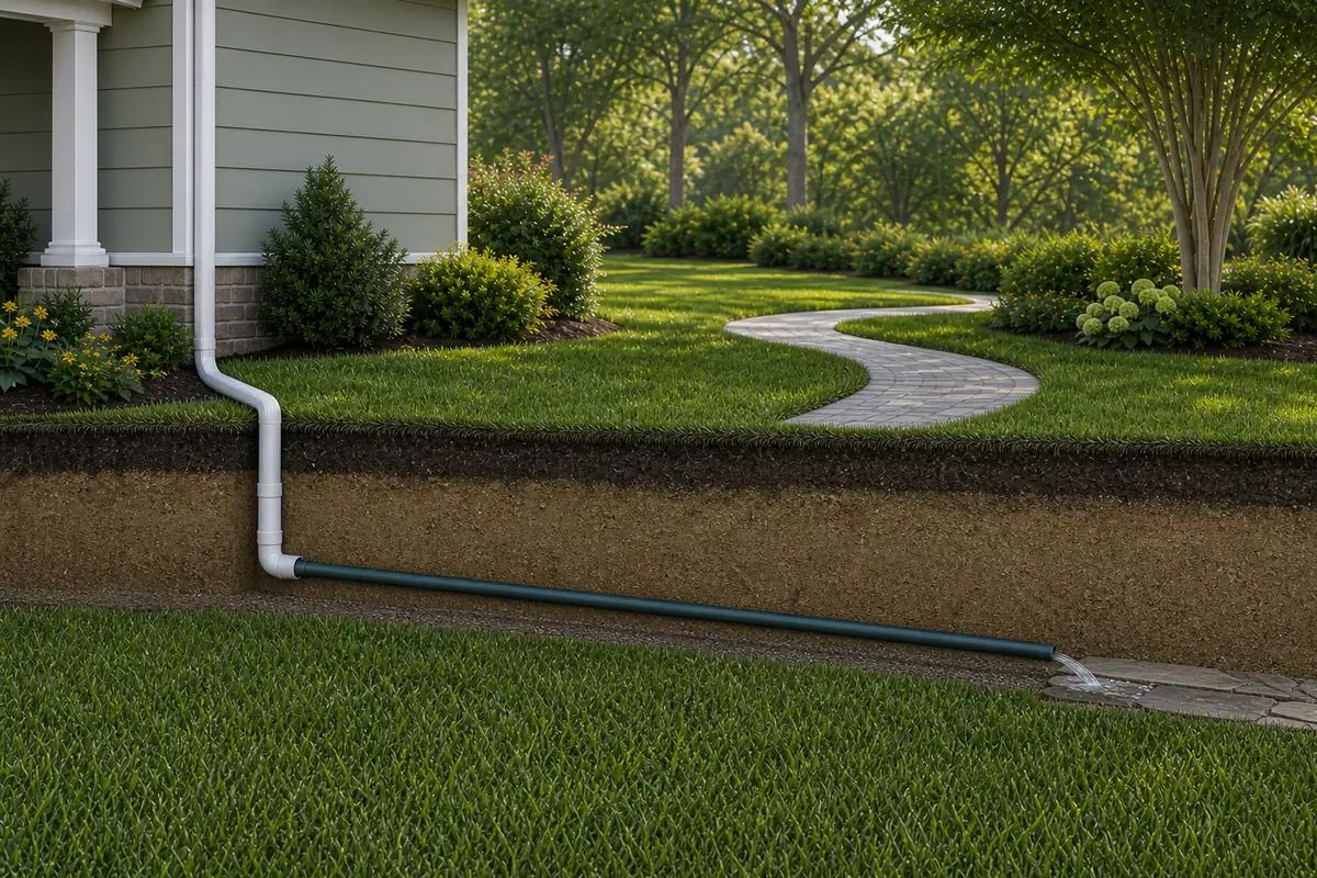 Cutaway of a downspout connected to a separate solid pipe sloping beneath intact lawn to a protected daylight outlet