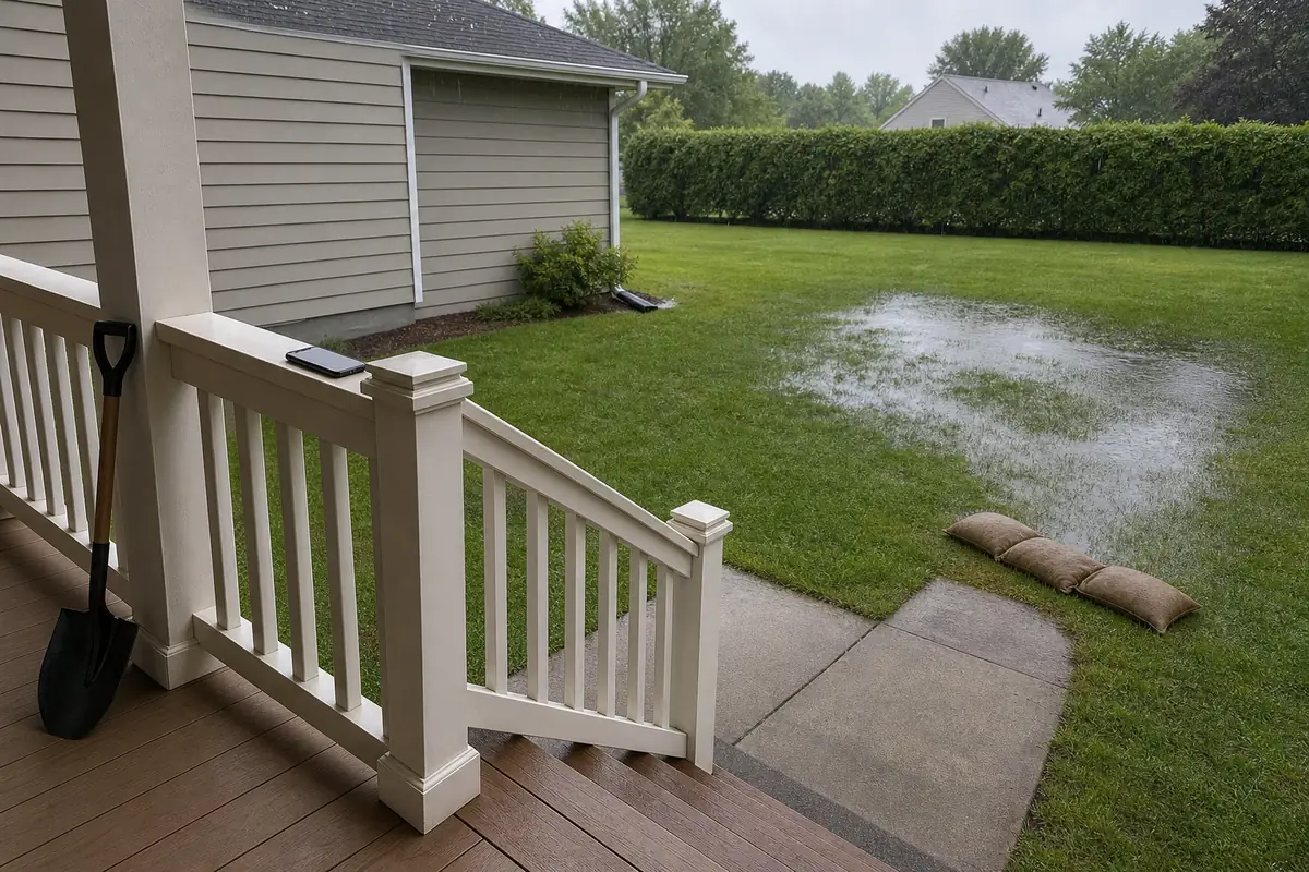 View from a dry covered porch during light rain showing shallow standing water in the lawn, a phone and unused shovel under cover, and three temporary sandbags beside a clear walkway