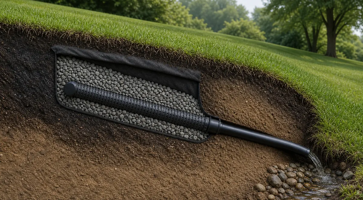 Cutaway of a capped perforated French drain in fabric and washed gravel transitioning downhill into a solid pipe and daylight outlet