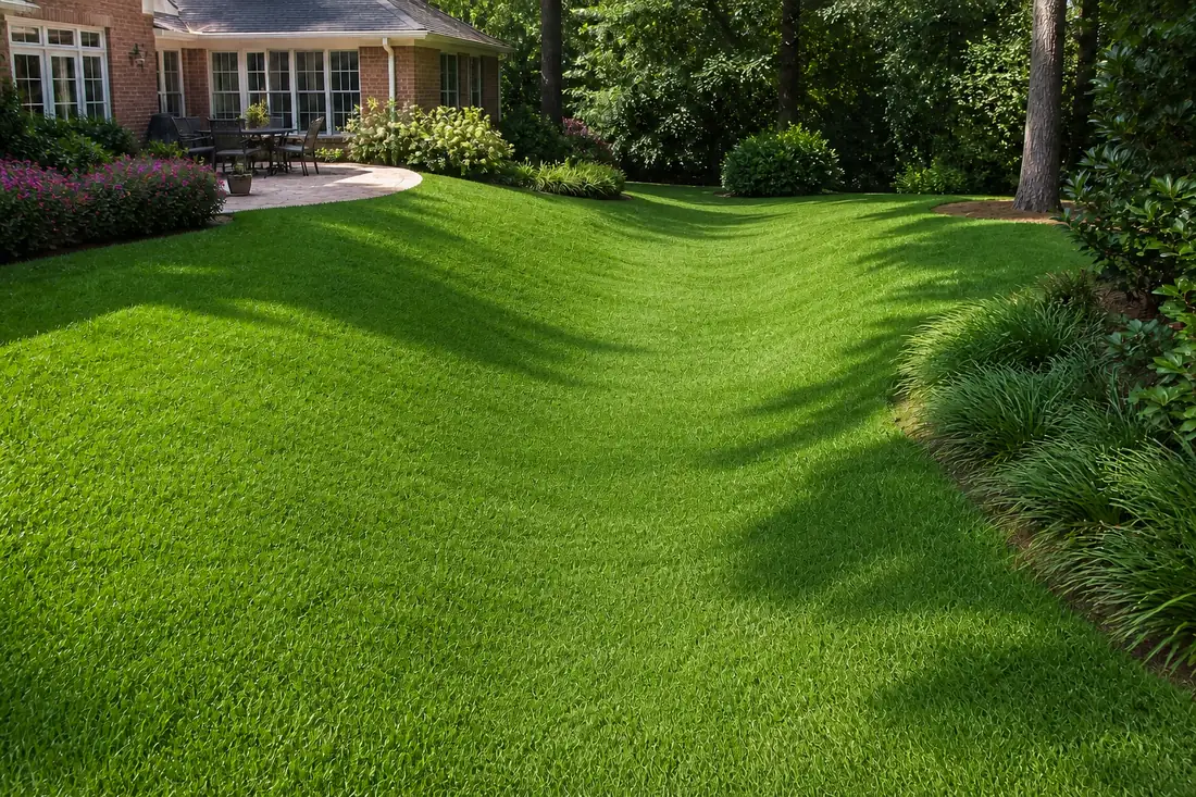 Finished residential lawn shaped into a broad shallow mowable grass swale that falls away from a patio