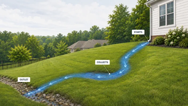 Illustration of a sloped backyard tracing rainwater from a downspout at the house, across a pooling low spot in the lawn, to a rocky drainage outlet at the yard’s edge.