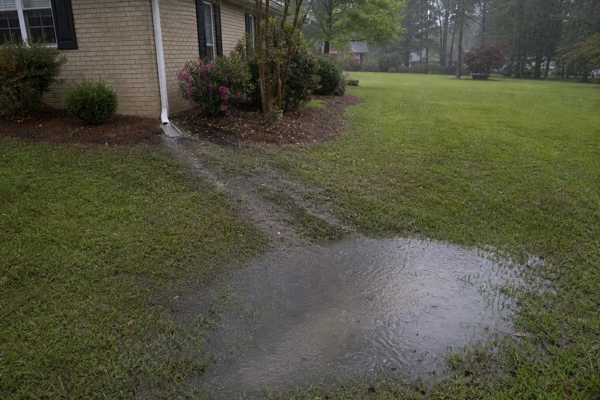 Muddy standing water in a low lawn area fed by runoff from a short downspout and saturated planting bed during rain